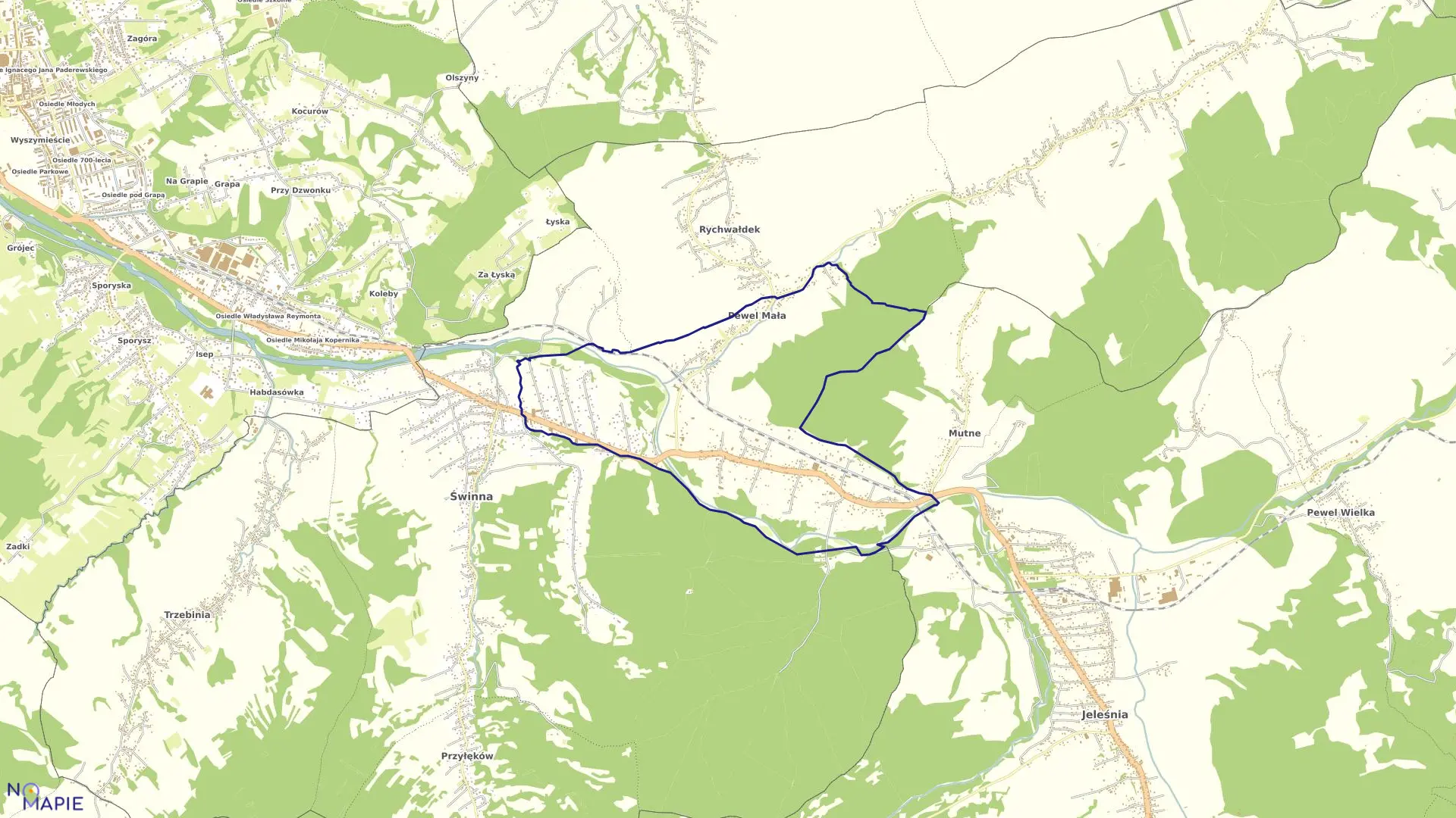 Mapa obrębu Pewel Mała w gminie Świnna